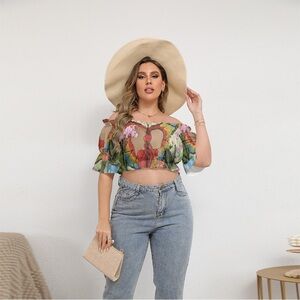 Green and Pink Flutter Sleeve Crop Blouse